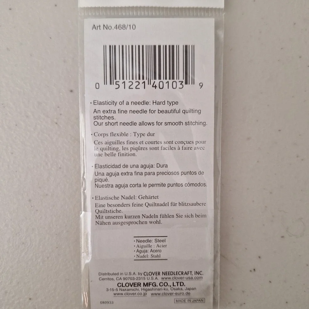 Clover Quilting Needles No. 10 (15 per pack) Art No. 468/10, Set Of 3